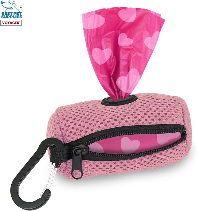 Best Pet Supplies Dog Poop Bag Holder Leash Attachment with Reusable Dispenser for Travel, Walking, Park, and Outdoor Use, Durable with Clip-On - Pink, Mesh Dispenser w/15 Bags
