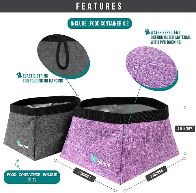 PetAmi Collapsible Dog Travel Bowls, Large Lightweight Foldable Bowl, Water Food Bowls for Pets Dogs for Hiking, Camping, Backpacking, Kibble, 2 Pack (Purple, Grey)