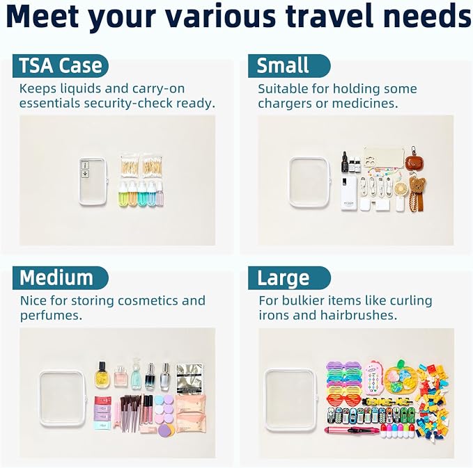 4 Sizes Clear Hard Shell Zipper Case, TSA Accepted Travel Bags | Clear Organizer Bags for Toiletries, Splash-proof Toiletry Containers, Clear Zipper Pouches, Organizer Bags for Toiletries