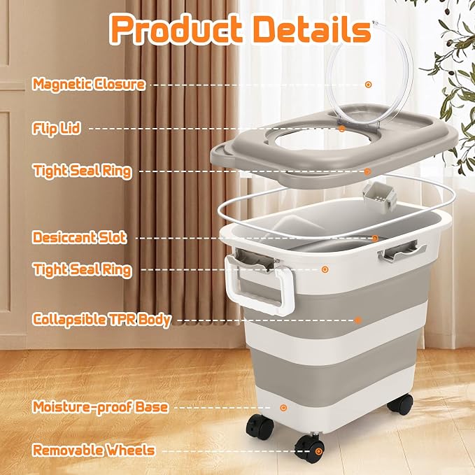 Beyoung 25-28lbs Airtight Dog Food Storage Containers with Wheels and Lids, Collapsible Pet Food Storage Bins with Handle, 50lb Rice Storage Bucket with Scoop, Dry Food Storage Bins (Khaki)