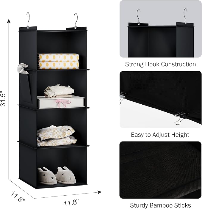 YOUDENOVA Hanging Closet Organizer and Storage for Clothes, 4-Shelf, Black | Locker/RV/Camper Organizer, Side Pocket, Hanging Shelves for Small Closet, Dorm Room Essentials for Guys, Breathable Fabric