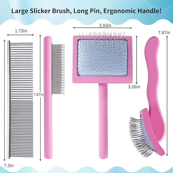 Gently Grooming Slicker Brush with Coated Tips for Long-Haired Dogs-Ergonomic Wooden Handle, Long Pins for Grooming Goldendoodles Poodles Pink