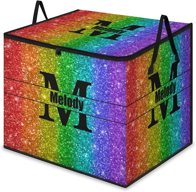 Custom Comforters Storage Basket with Lid, Personalized Name Large Organizer Bin for Clothes, Perfect for Rooms, Deep Colorful Sequins Red Green Blue Purple with Initial Letter