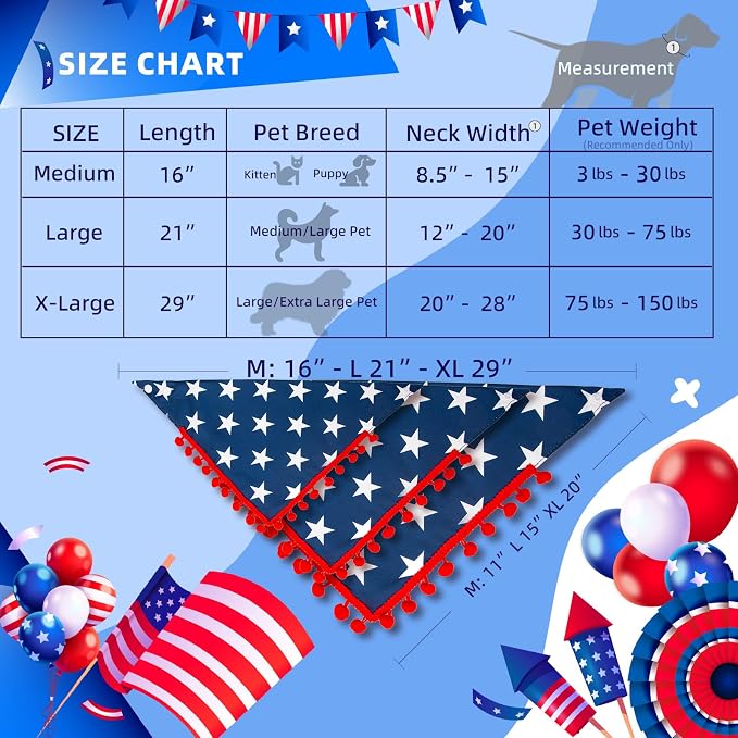 4th of July Dog Bandana, American Flag Star Pattern Holiday Triangle Scarf, Adjustable Snap Button Patriotic Neckwear for Large Breeds (30-75lbs)