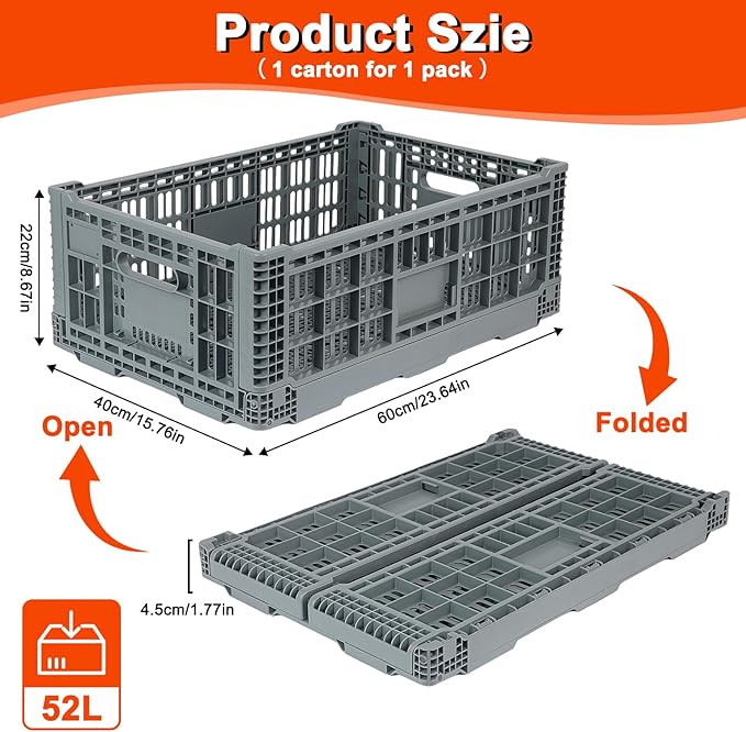 Collapsible Milk Crates 52L, Plastic Folding Storage Crate | with Handle, Heavy Duty Storage Bins for Organizing Tools, Books, Food, Drinks, Camping & Transport