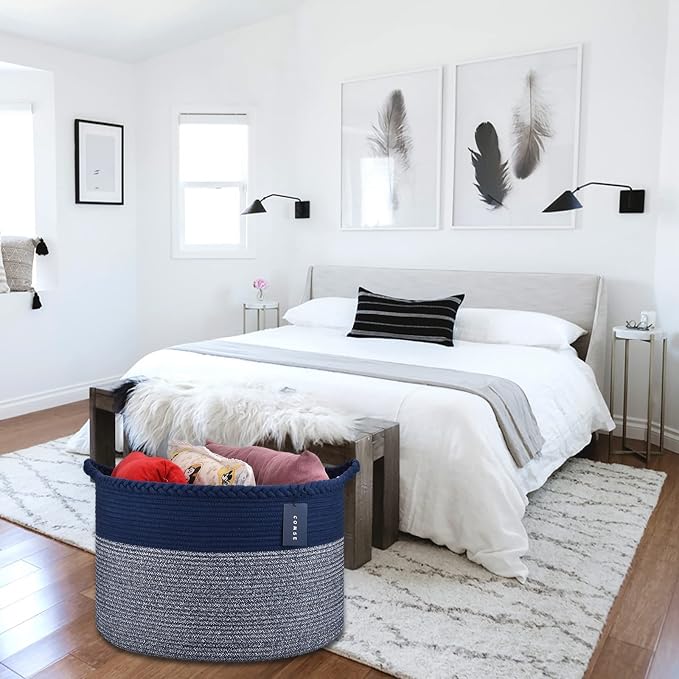 COMSE XXXLarge Woven Blanket & Laundry Basket, 87L, Navy Blue | 21.7" x 13.8", Cotton Rope, Nursery Hamper for Storage of Toys Clothes Towels, Ideal for Living Room Bedroom Bathroom