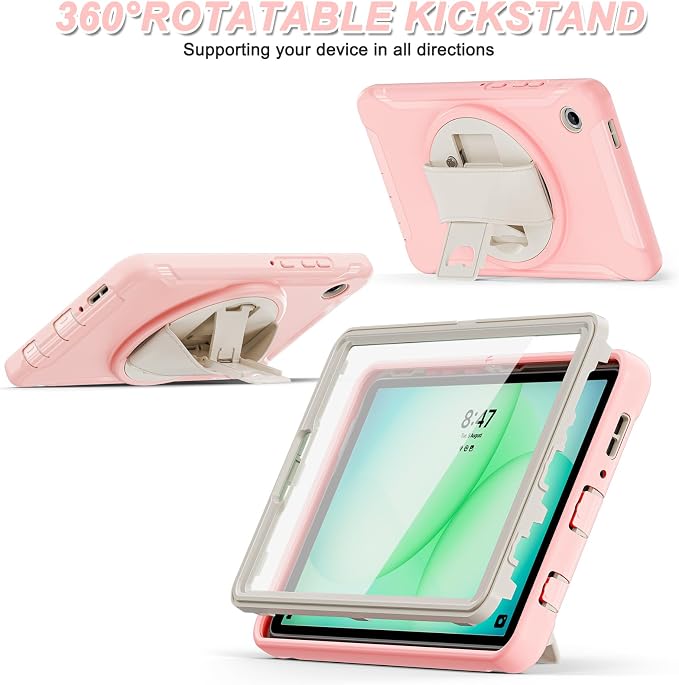 for Samsung Galaxy Tab A11 (2025) 8.7 inch Case 5G with Screen Protector, Hand Strap, Pen Holder & 360° Rotating Stand,Shockproof Protective Cover for SM-X130/X133/X135 (Pink)
