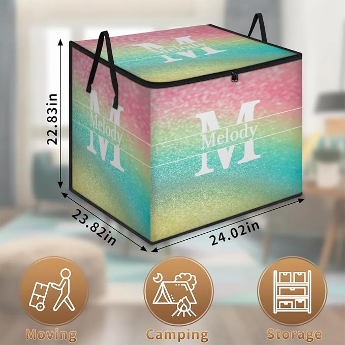 Personalized Storage Bags Large Organization Storage Containers for Comforters, Bedding, Blanket Foldable Organizer with Reinforced Handle, Colorful Pink Yellow Blue Glittering with Initial Letter