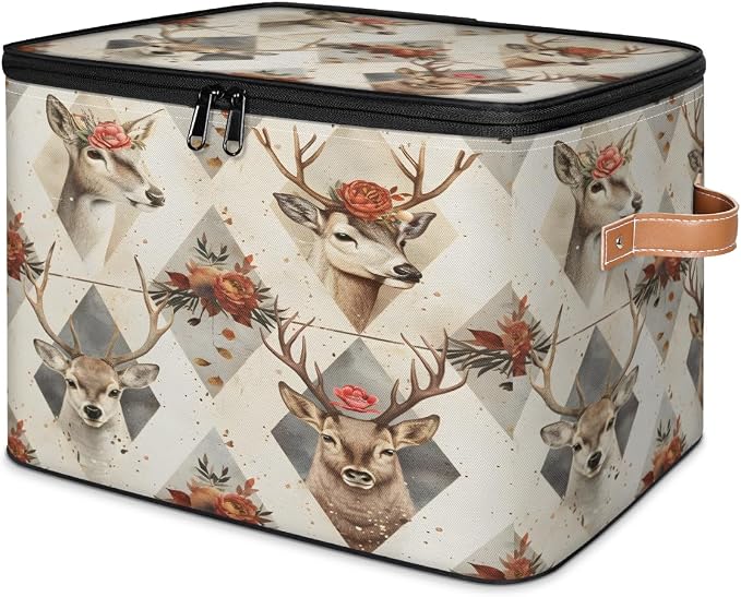 Deer Flower Storage Box with Zipper Lid