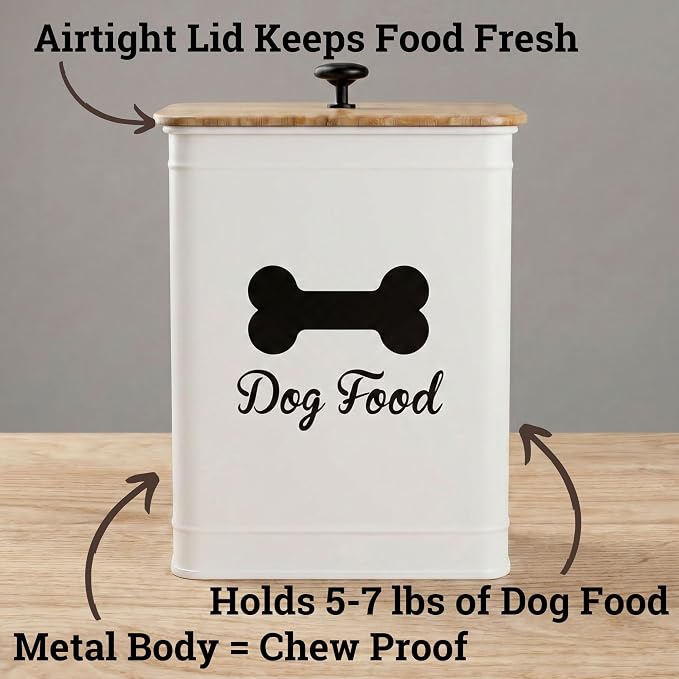 Metal Dog Food Container 5-7lb, 25 Cup w/ Airtight Bamboo Lid, Metal Handle | Pet Jar For Dogs up to 50lbs, Airtight Bamboo Lid, Sturdy Comfortable Metal Handle, Powder Coated Iron, Kibble Storage Bin