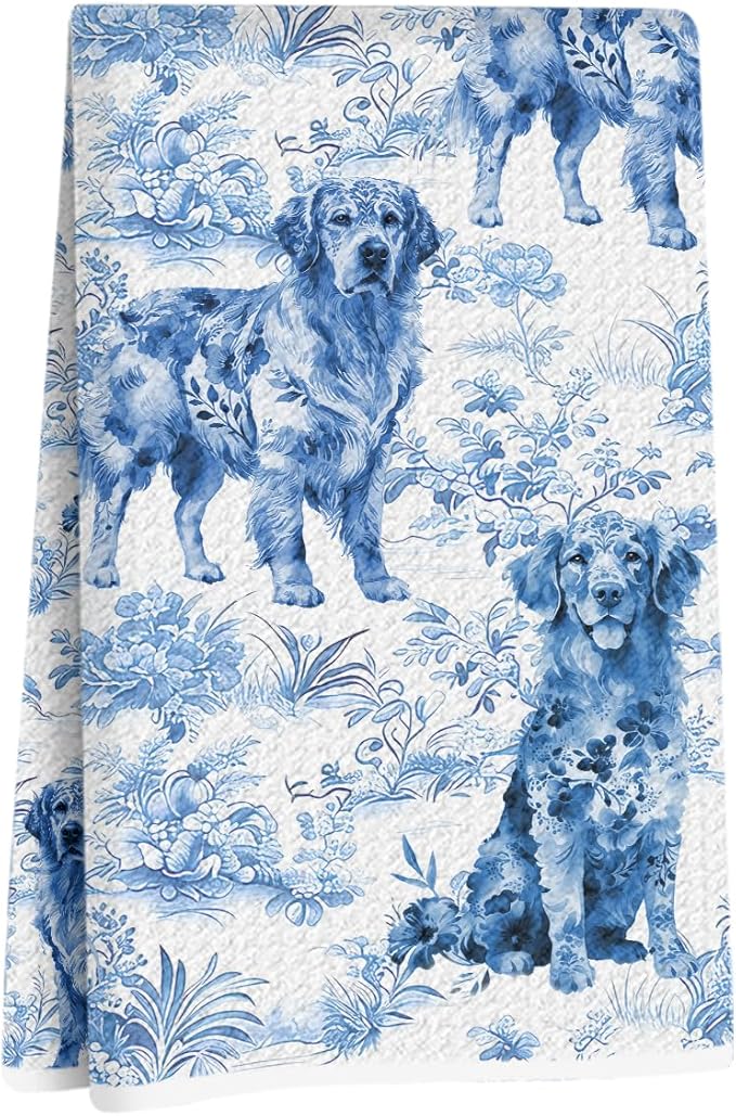 Chinoiserie Golden Retriever Kitchen Towels 24x14 Inch, Golden Retriever Gifts Reusable Dish Towels for Kitchen Decor, Blue and White Floral Waffle Weave Hand Towel, Dog Gifts for Women Mom