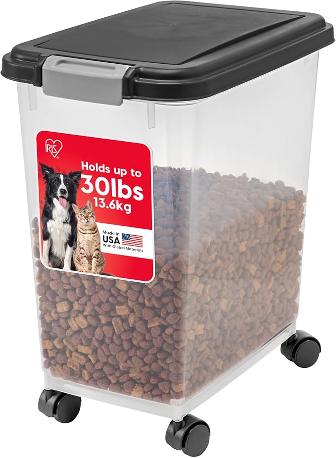 IRIS USA Dog Food Storage Container, Airtight, 30 lb Capacity, Wheels | Airtight seal keeps kibble, bird seed, and pet food fresh while wheels provide easy mobility around the home.