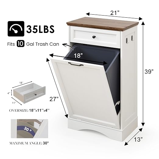 NEWOWNDS Tilt Out Trash Can Cabinet 10 Gallon Hidden Trash Garbage Can Cabinet with Drawer,Pet Proof Hidden Garbage for Kitchen,Laundry Bathroom (White, Single Door)