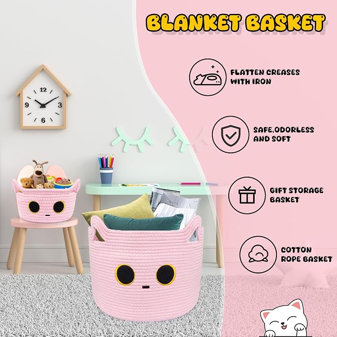 Small Storage Cute Cat Basket, Pink Cotton Rope Woven Basket for Nursery | Blanket Basket Baby Toy Storage Organizer With Ears for Gifts Cat Dog Bin Toys 8.5×4.5 inches