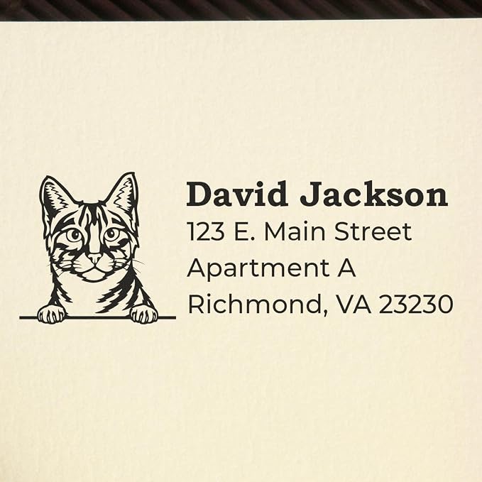 Peeking Egyptian Mau Cat Wood Handle Return Address Stamp - Crisp Imprint | Address Stamper for Veterinary Offices Personalized. Envelope Stamp with Egyptian Mau Cat Design. 4 lines.