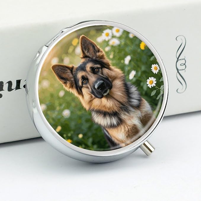 Round Small Pill Case 3 Compartment Metal Portable Travel Pillbox for Purse | Moisture Proof, Easy to Open, Fits Wallets & Pockets, Cute Pet German Shepherd Dog Pill Organizer for Vitamins Fish Oil