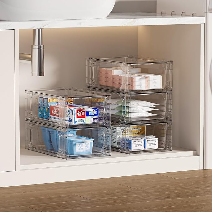 2 Pack Stackable Makeup Organizer,Modular Storage Bins with Handles for Fridge,Bathroom,Kitchen Under sink,Cabinet,Pantry Organization Drawer