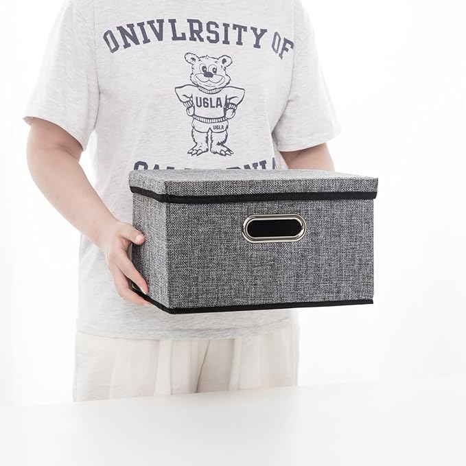 Storage Bins with Lids [3-Pack] Linen Fabric Foldable Storage Boxes Organizer Containers Baskets Cube with Cover for Home Bedroom Closet Office Nursery Grey（11.4X8.6X6.7