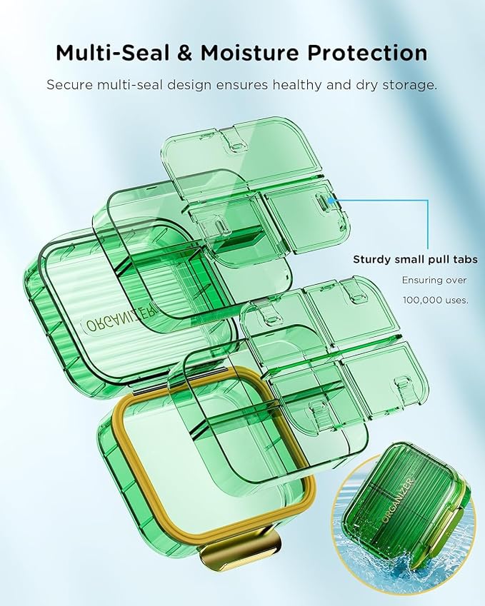 Acedada Small Pill Box, Travel Pill Case for Purse, Light Green | Portable 7 Compartments Daily Pill Organizer, Compact Medicine Vitamin Container for Fish Oil & Supplements