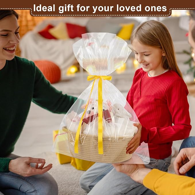 OIAHOMY Gift Basket with Handle, Small Woven Basket with Gift Bag, Ribbon and Wrap Tissue Paper, Nursery Bins Empty to Fill with Small Items, Baby, Pet Toy Organizer - Yellow