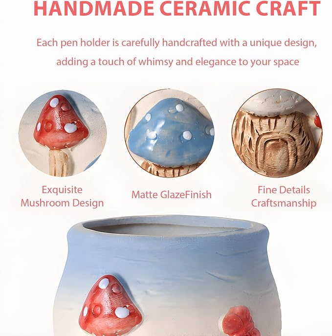 Ceramic Mushroom Shaped Pen Pencil Holder for Desk Decoration Accessories Mushroomb Decor Makeup Brush Pen Cups Office School Ideal Gifts for Women, Mom or Birthdays