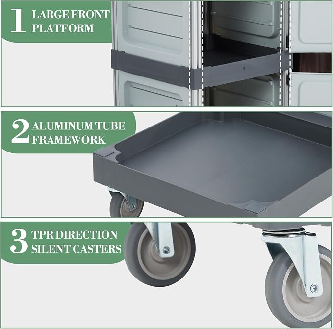 Commercial Janitorial Cleaning Cart 3-Shelf 2-Cabinet Housekeeping Cart with Lockable Wheels Oxford Bag and Cover Heavy Duty for School Hotel Apartment