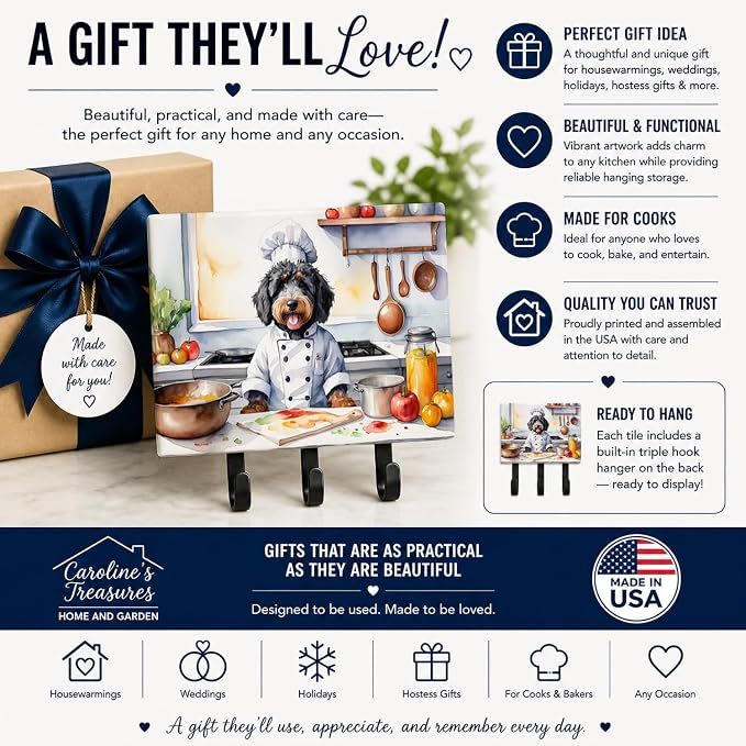 Caroline's Treasures Bernedoodle The Chef Leash or Key Holder Wall Hooks, Key Hooks Holder, Coat Rack Wall Mount, Coat Hooks, Hooks for Hanging Keys, Towels, Aprons, Leashes | Bernedoodle The Chef artwork on ceramic tile with three steel hooks for keys...