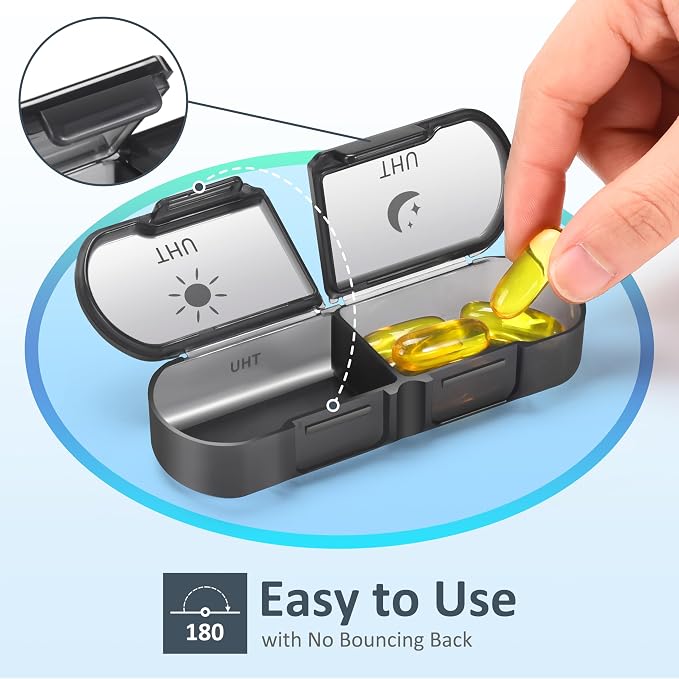 Fullicon Large Portable Pill Organizer 2 Times a Day, Black | Each Compartment Holds 10 Fish Oils or 16 Vitamins, Lid Stays Open Reliably, Double Secure Lock, Durable Hinges, Fits Purse