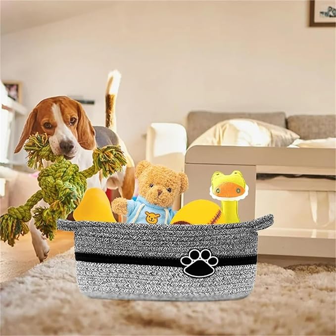 Pet Toy Storage Basket With Handle. Handmade Weaving With Dog Paw Prints For Storage(Black Beige)