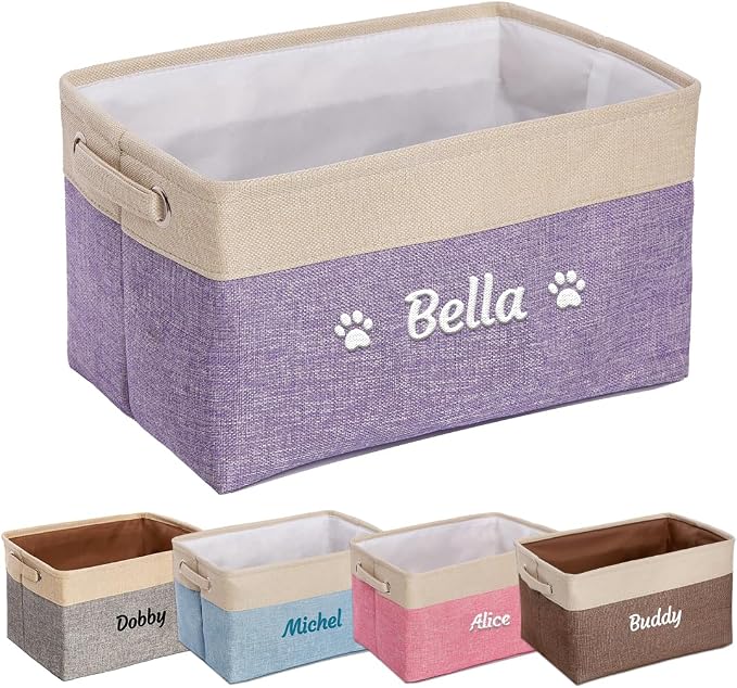 Ulico Personalized Dog Toy Storage Basket, Collapsible Pet Storage Organizer Box with Handles, Custom Dog Toy Bin with Pet's Name Cat Toy Storage Gift for Dog Lovers（Purple）