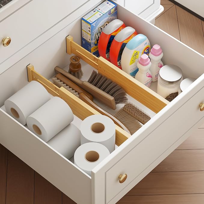 BAMEOS Bamboo Expandable Drawer Dividers – Fits 13.3"–19" Drawers, 3" Deep Walls, Set of 4 | Spring-Loaded Separator for Deep Kitchen & Bathroom Drawers, Prevents Items Falling Over