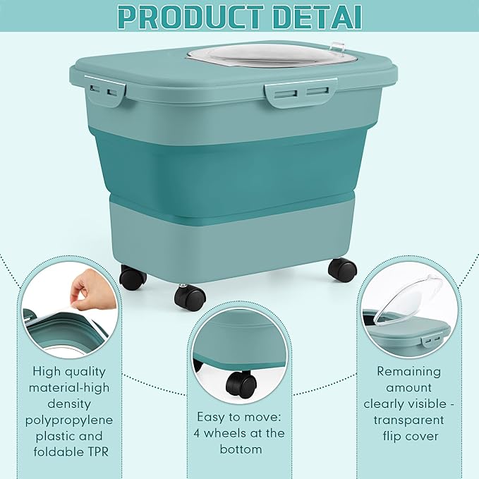 Juexica Collapsible Cat Litter Storage Bin Container with Rolling Casters, 20 Lbs Portable Cat Litter Storage Container with Airtight Lids, Shovel, Kitchen Cereal Rice Leakproof Sealable(Green)