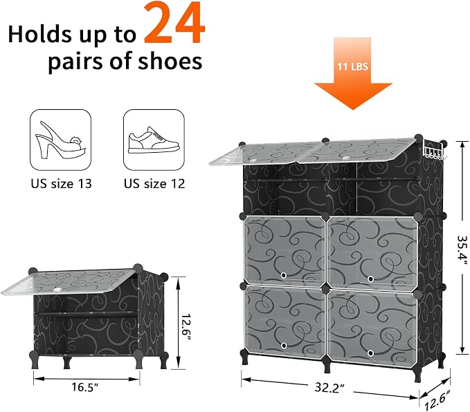 AWTATOS 6 Tier Shoe Rack Organizer, Shoe Storage Cabinet with Door, Black | 24 Pair Capacity Shoe Storage Shelves for Closet Hallway Bedroom Entryway