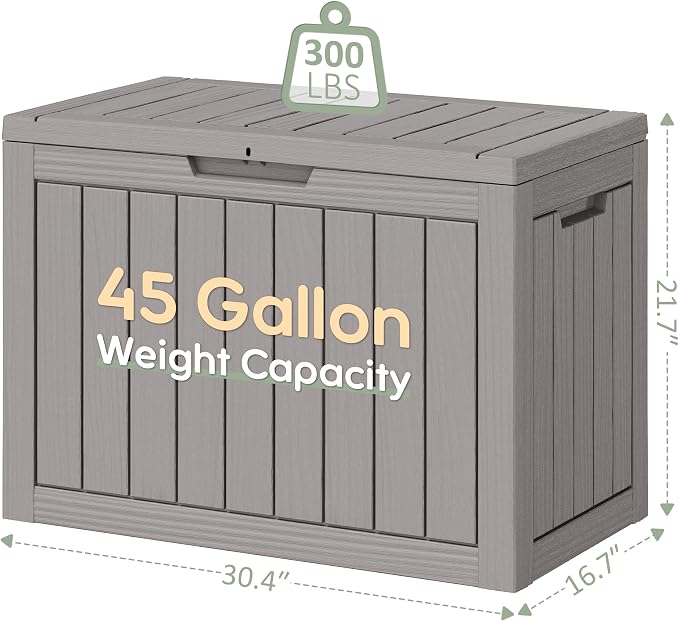 45 Gallon Outdoor Storage Box, All-Weather Deck Box for Patio Furniture, Package Deliveries, Garden Tools, Pool Supplies & Cushions, Grey