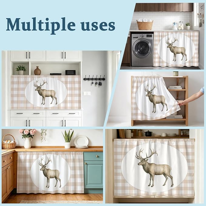 Majestic Buck Cabinet Curtains 28"x51" Sink Skirt for Bathroom Kitchen, Modern Natural Buck Rustic Farmhouse Plaid Self Stick Adhesive Under Desk Covers Tall Laundry Cabinet Storage Organizer