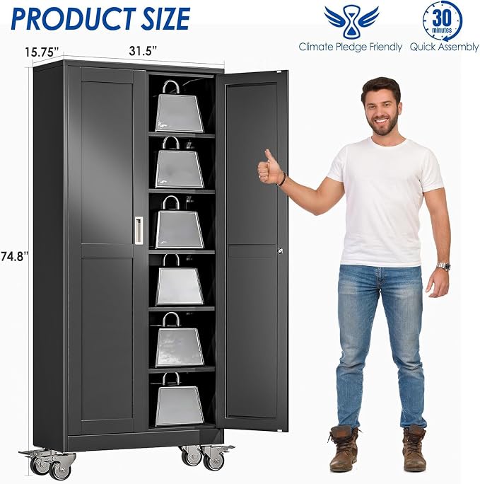 GAIOUS Metal Garage Storage Cabinet with Lock, Steel Tool Cabinet with 2 Doors and 5 Adjustable Shelves, 75” Tall Lockable File Cabinet with Wheels, Organization for Home Office Garage Gym - Black