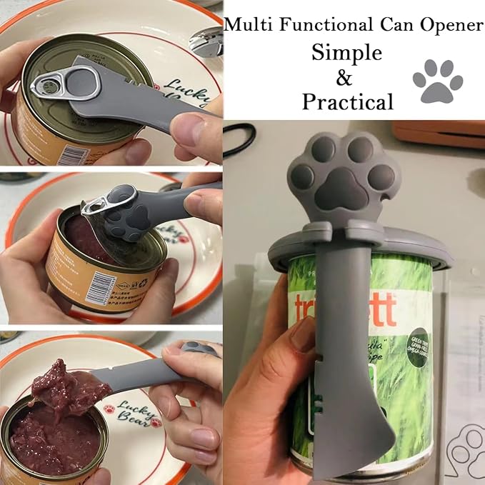 SJANE 4 Pcs Cat Food Can Spoon & Can Covers | Cute Paw Silicone Pet Food Can Opener Spatula & Can Lids | Stainless Steel Wet Food Spoon for Cats and Dogs(Grey)