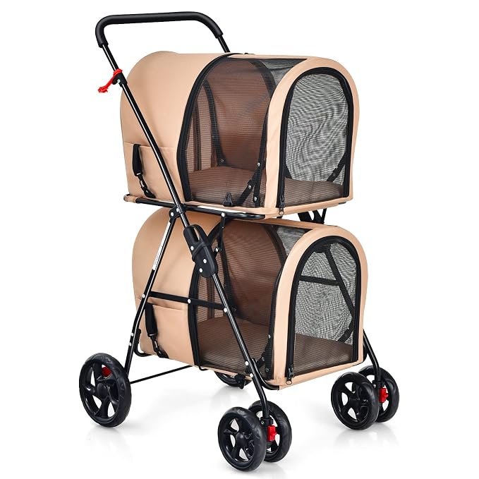 Giantex Double Pet Stroller with 2 Detachable Carrier Bags, Safety Belt, 4 Lockable Wheels, Folding Cat & Dog Stroller for Small Medium Pets, Cats Dogs Puppy Travel Strolling Cart (Beige)