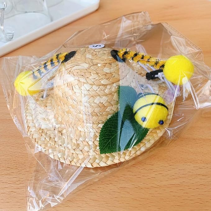 YARNOW Creative Bee-Shaped Pet Hat for Dogs and Cats, Wheat-Straw Material, Safe and Delicate Design, for Holidays and Halloween Party Decoration