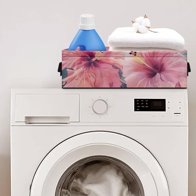 Pink Flowers Toilet Paper Basket for Back of Toilet Tank Top, Decorative Bathroom Storage Basket for Countertop Toilet Tank Topper Baskets Easy to Clean