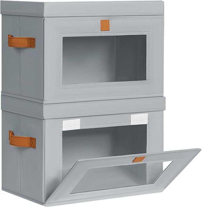 Medium Fabric Storage bins - Collapsible Storage Bins with Open Window, 2 Pack Closet Baskets for Shelves, Stackable Decorative Boxes for Home, Dorm, Grey, 13.7"x 9.8" x 9.8"