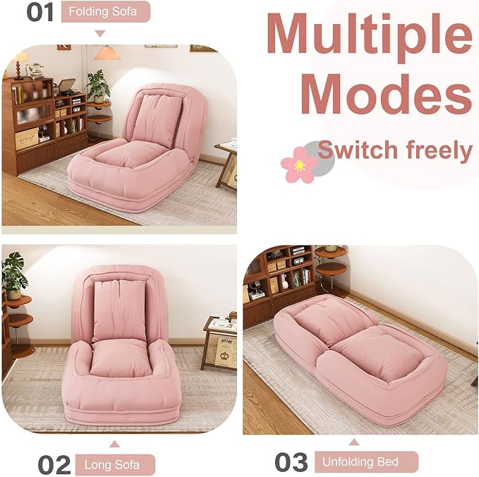 Human Dog Bed for Adults and Pets, Upholstered Foldable Lazy Sofa Bed with 5 Adjustable Positions, Corduroy Floor Sofa Bed with 2 Pillows, Convertible Recliner for Living Room, Reading Corner (Pink)