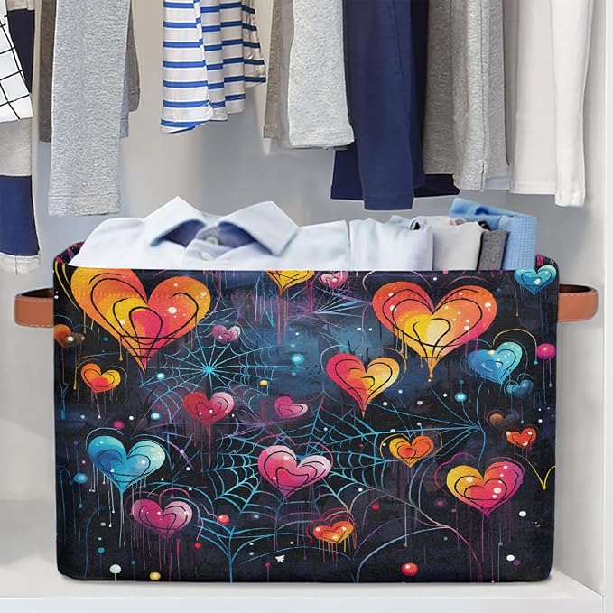 Storage Baskets for Shelves, Fabric Storage Cubes Closet Organizers and Storage Bins with Handles Home Organization, 15x11x9.5 inch(Fluorescent Spider Web Love)