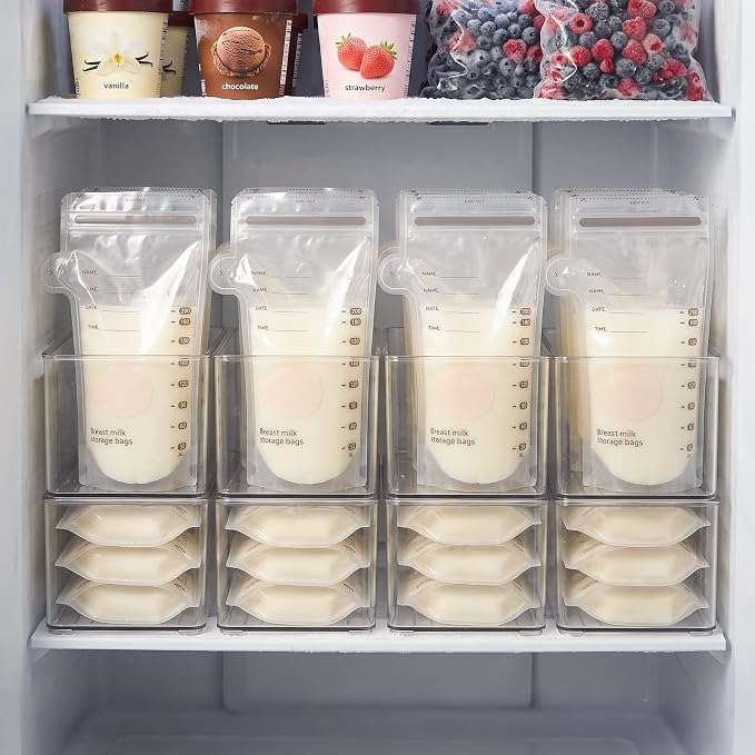 Hudgan 4 Pcs Storage Container Breastmilk for Fridge, Clear Organizer Bins for Milk Bags, Plastic Storage Bins for Freezer,Pantry, Bottles Bathroom, Vanity, Drawer and Yogurts,4.4" Wide