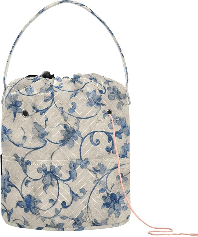 Tatenale Crochet Bag Yarn Bag Knitting Project Bag with Pockets and Handle Portable Yarn Storage Organizer Tangle Free 8.3x11 InchWatercolor Blue and White Flower21