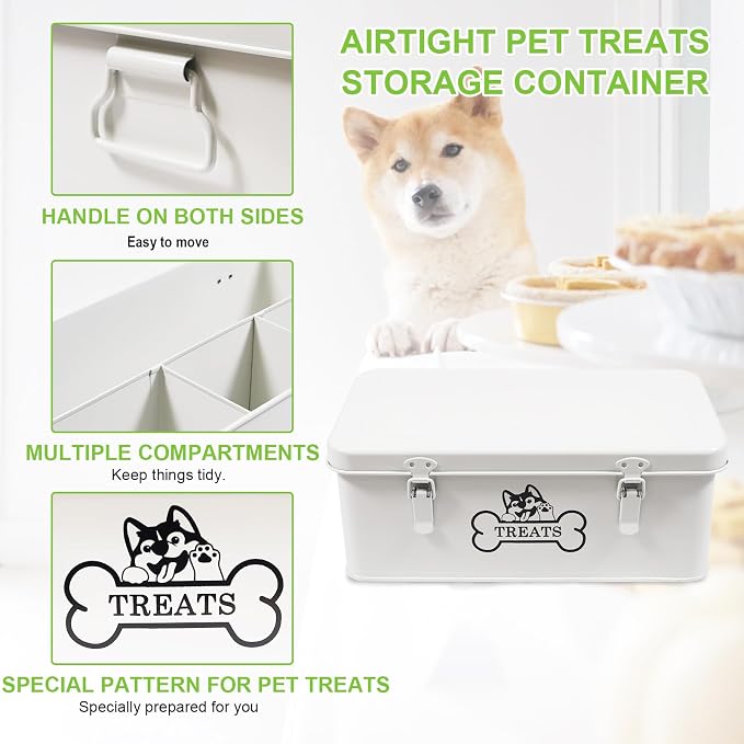Metal Dog Treat Container, 4 Compartment Dog Treat Organizer | Dog Treats Storage Box with Lid, Rectangular Dog Cat Treats Station, Durable and Great Gift for Pet Owners