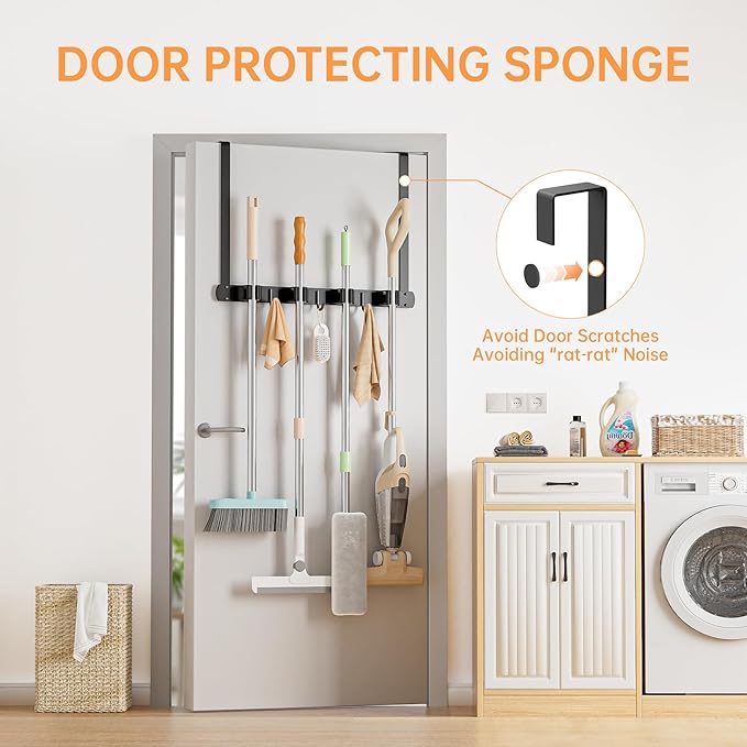 Broom Holder Over The Door with Hooks -304 Stainless Steel (Black) | Save Space, Anti-Rust & Sturdy, Mop and Broom Holder Wall Mounted or Hanging Over The Door, for Garage Laundry Kitchen