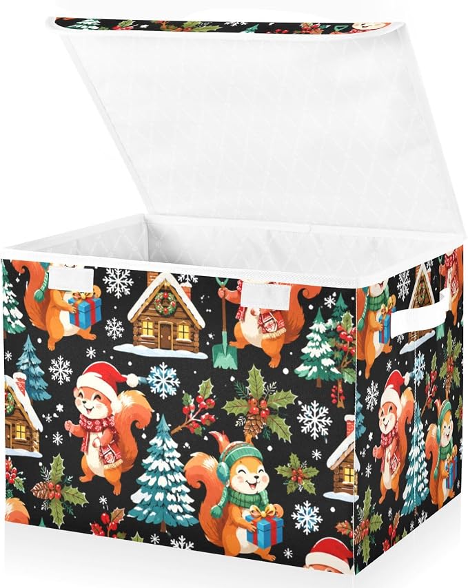 Storage Bins with Lid Christmas Squirrel Foldable Storage Boxes 40L Baskets | Decorative Storage Boxes, 300D Oxford Cloth, Hollow Board Frame, Flip Top Velcro Lid, 16.5x12.6x11.8 inch, Collapsible Design