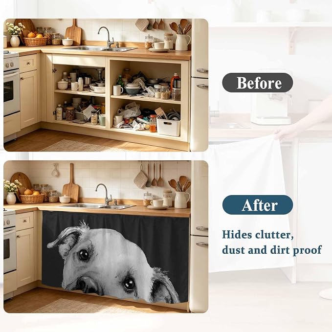 Black Dog Cabinet Curtain 35"Wx35"L,Dustproof Under Sink Skirt with Self Adhesive Tape,Cute Pets Eyes Animals Fur Vintage Oil Painting Cabinet Curtain Cover for Kitchen Sink,Bathroom Vanity,Laundry