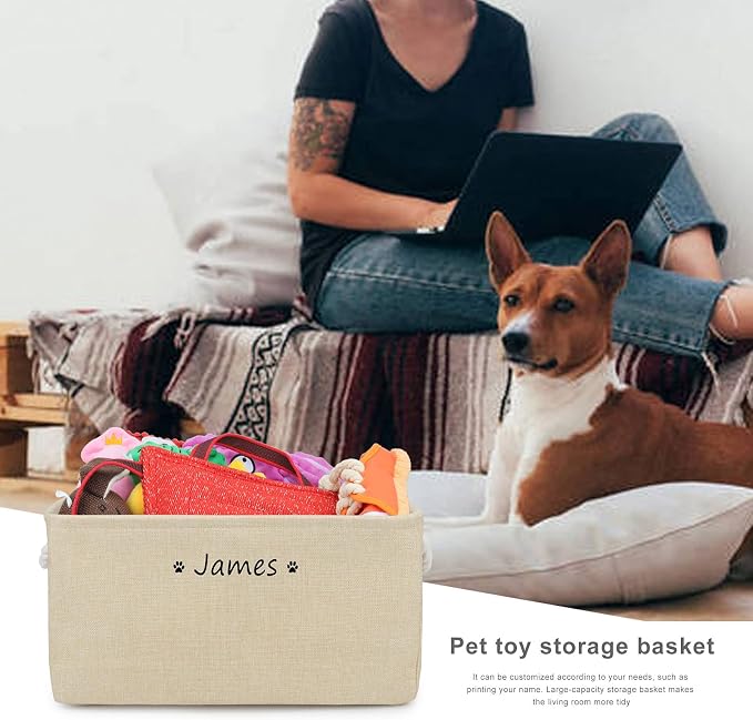 Personalized Dog Toy Storage Basket Bin, Customized Pet's Name Storage, Collapsible Organizer Box for Dog Toys, Clothing, Apparel & Accessories (Beige, L)